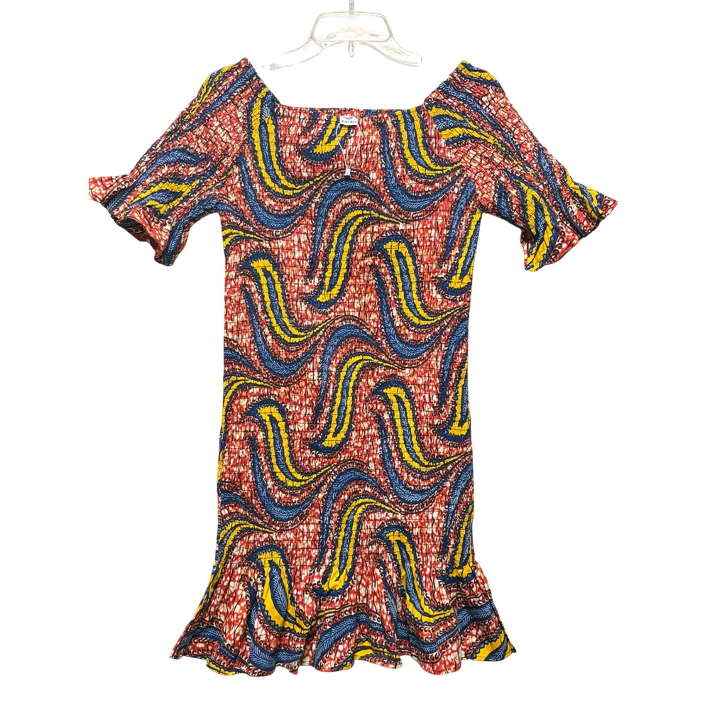 Kavazi Smocked Mini Dress Multi Color Abstract Print Short Flutter Sleeve Ruffle
